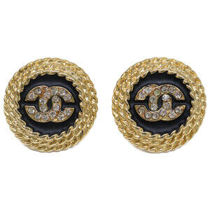 CHANEL Chanel Excellent Condition Coco Mark Rhinestone Earrings Gold x Black ...